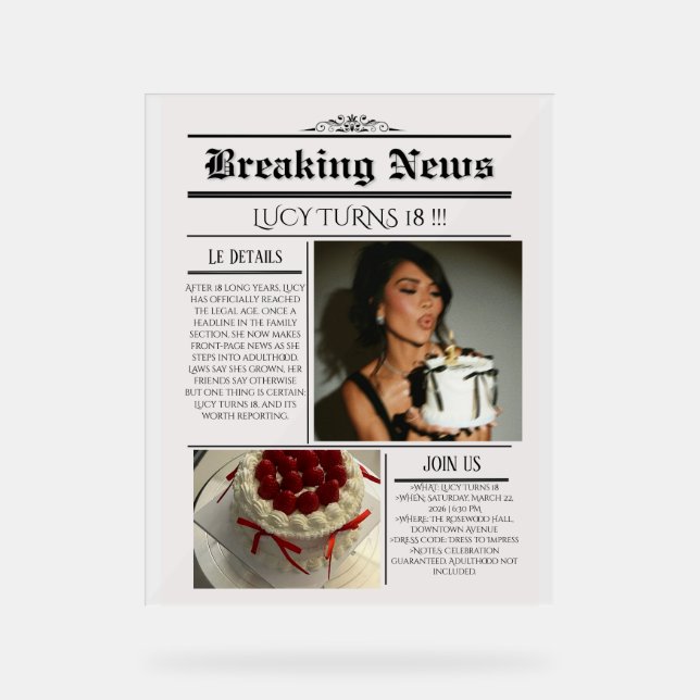 Editable Newspaper Birthday Invitation Template  Acrylschild (Vorderseite)