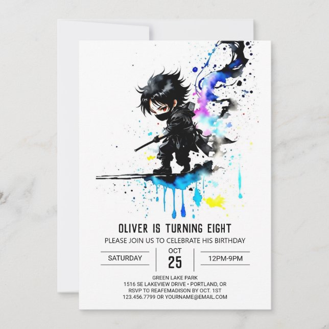 Editable Niedlich Ninja Boy Digital Geburtstag Einladung (Vorderseite)