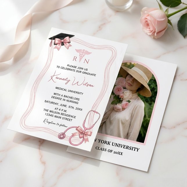 Editable Nursing Graduation Invitation with Photo Einladung (Editable Nursing Graduation Invitation with Photo #pinkbowblackcap #nursing #medicalinvitation #chic)