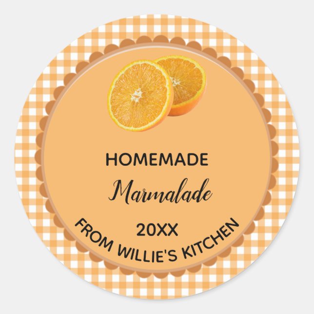 Editable Orange Gingham Marmalade Label Stickers! Runder Aufkleber (Vorderseite)