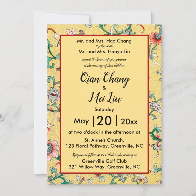 Editable Oriental Chinese Floral Pattern Einladung (Vorderseite)