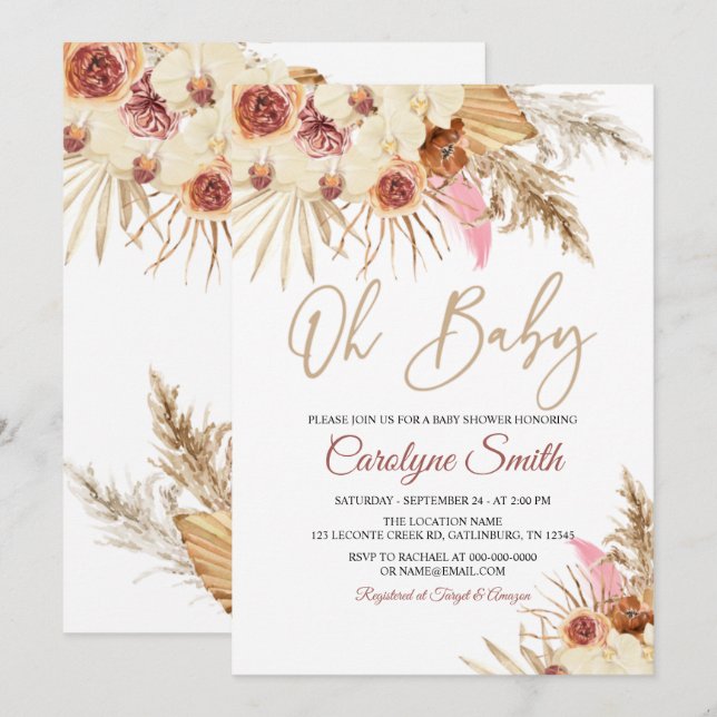 Editable Pampas Grass Oh Baby Dusche Einladung (Vorne/Hinten)