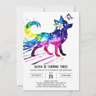 Editable Pastel Wolf Digital Girl Geburtstag Einladung