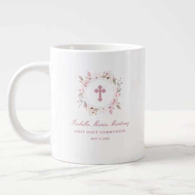 Editable Personalisiert First Communityrosa Floral Jumbo-Tasse (Links)