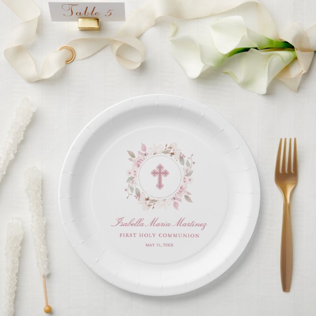 Editable Personalisiert First Communityrosa Floral Pappteller (Hochzeit)