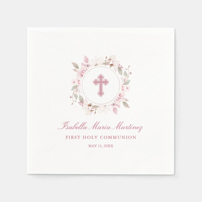 Editable Personalisiert First Communityrosa Floral Serviette (Vorderseite)