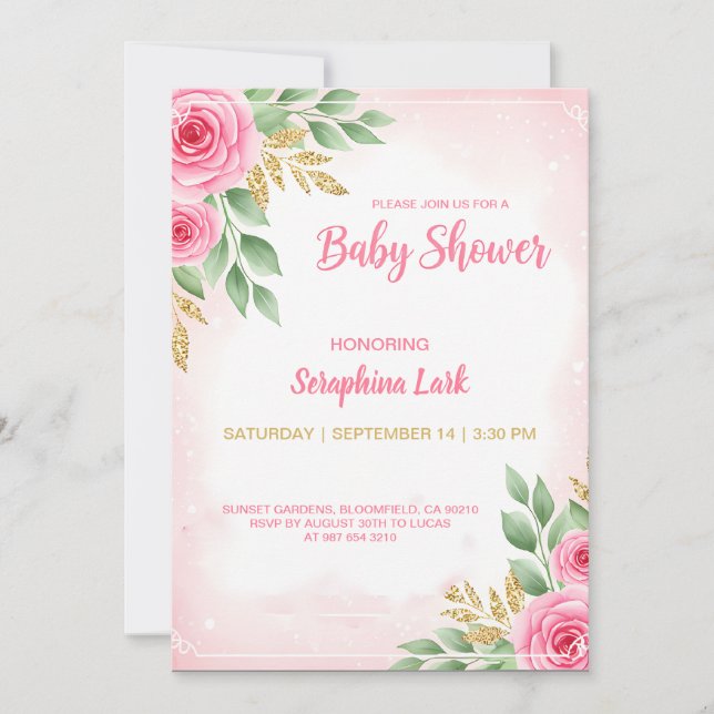 Editable Pink Baby Shower Card für Mädchen Einladung (Vorderseite)
