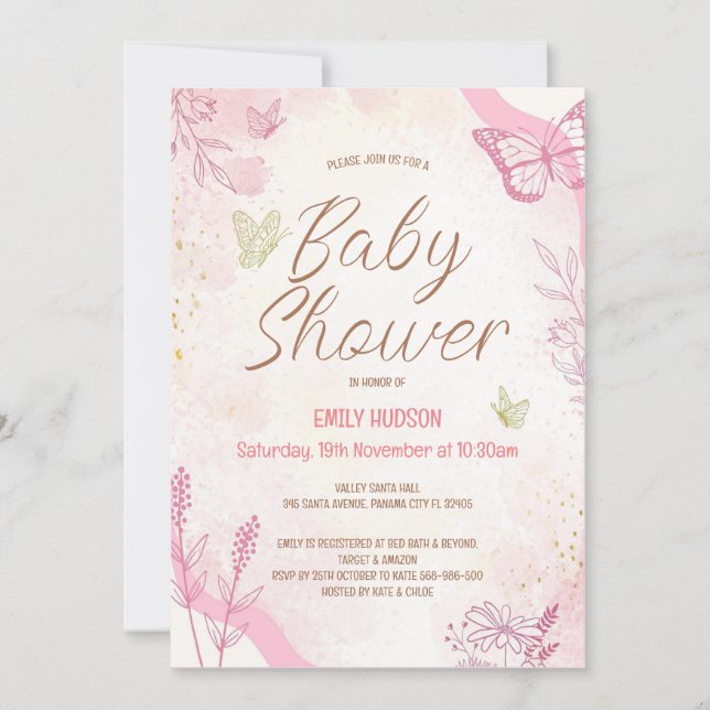 Editable Pink Butterfly Invitation Einladung (Vorderseite)
