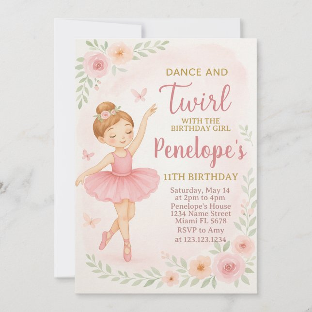 Editable Pink Dance Party Card for Little Girls Einladung (Vorderseite)