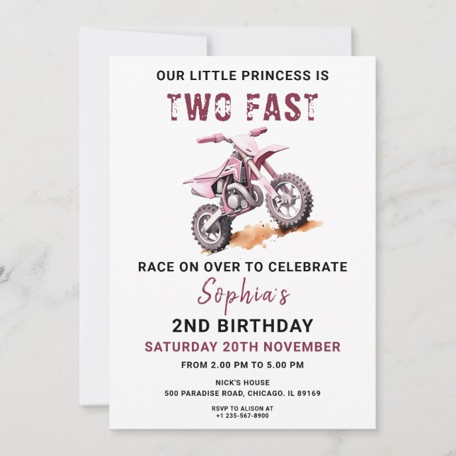 Editable Pink Dirt Bike 2e Invitation anniversaire (Devant)