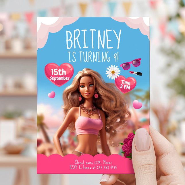 Editable Pink Doll Thema Geburtstag Einladung (Von Creator hochgeladen)