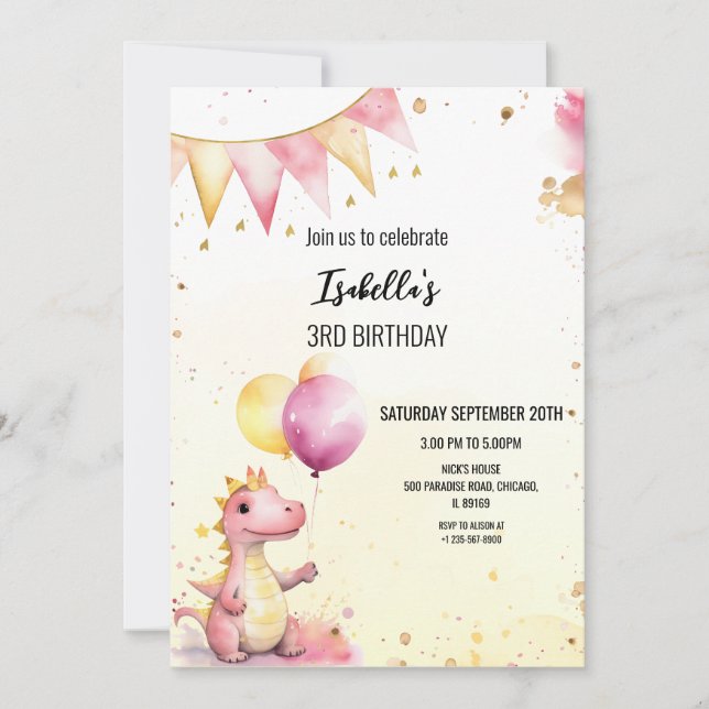 Editable Pink Dragon Birthday Invitation Einladung (Vorderseite)