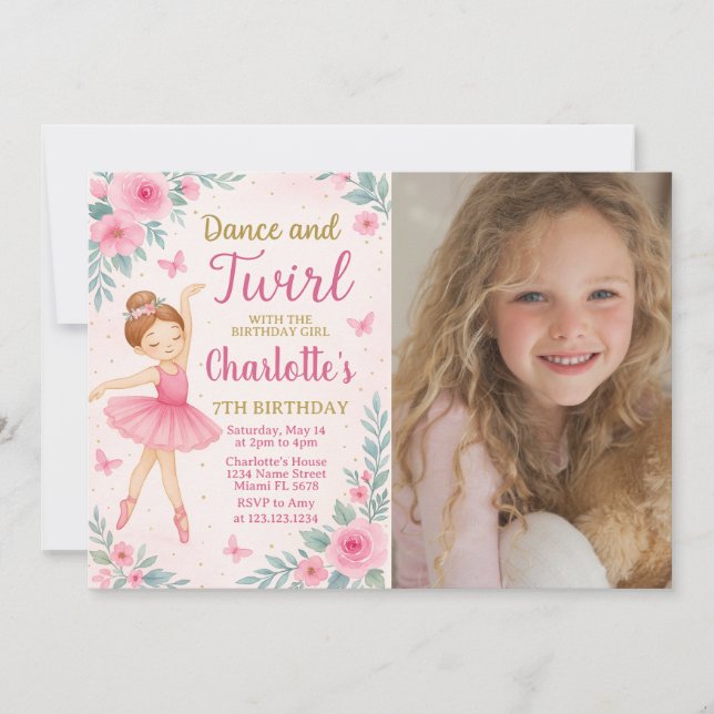 Editable Pink & Gold Dance Party Card for Girls Einladung (Vorderseite)