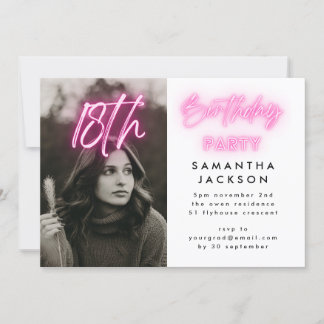 Editable Pink Neon Lights 18. Geburtstagsparty Einladung