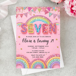 Editable Pink Rainbow Sequin 7th Birthday Invitati Einladung