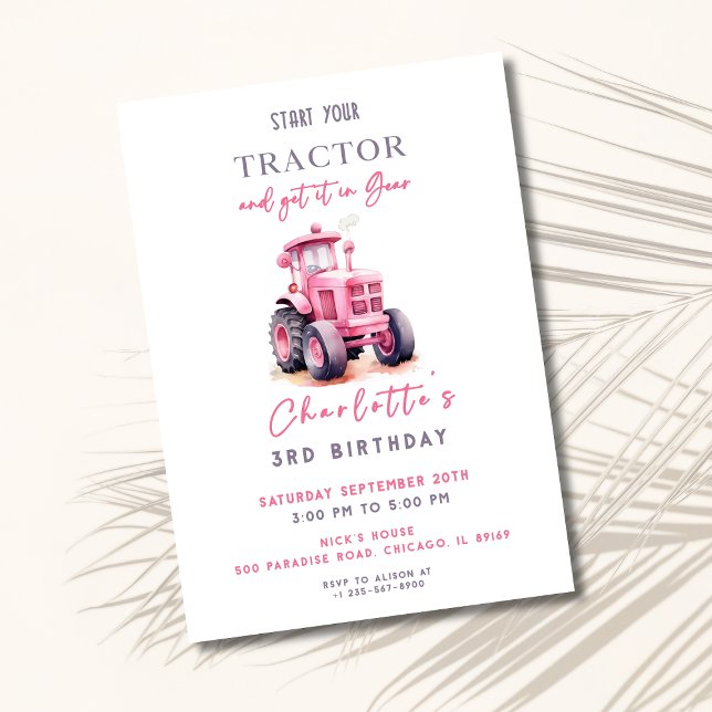 Editable Pink Tractor Birthday Einladung (Von Creator hochgeladen)