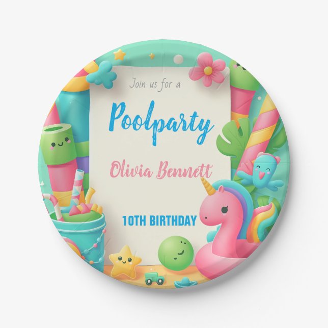 Editable Pool Party Geburtstag Sommerschwimmen Pappteller (Vorderseite)