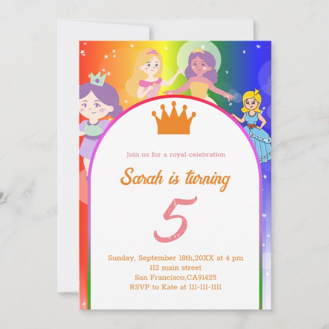 Editable PRINCESS Geburtstagsparty Einladung (Vorderseite)