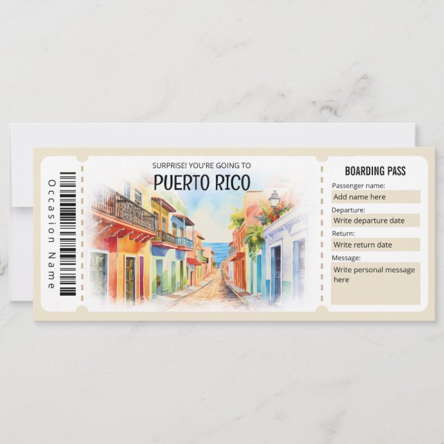 Editable Puerto Rico Flugzeug Boarding Ticket Einladung (Vorderseite)