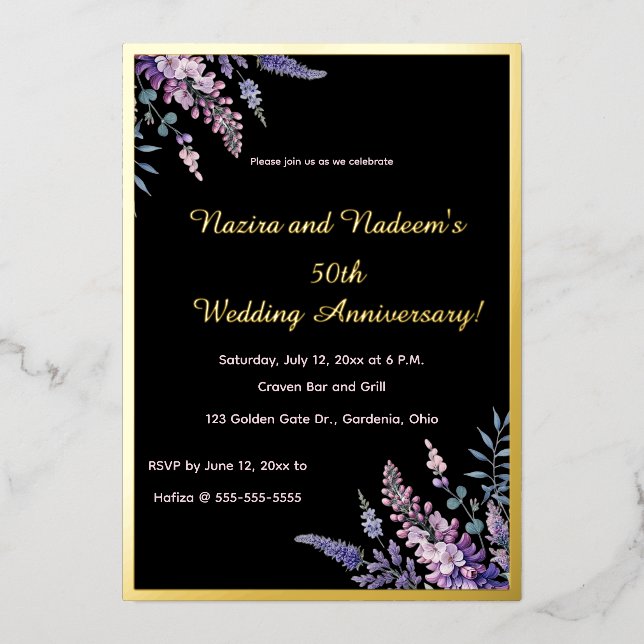 Editable Purple and Pink Flowers Anniversary Folieneinladung (Vorderseite)