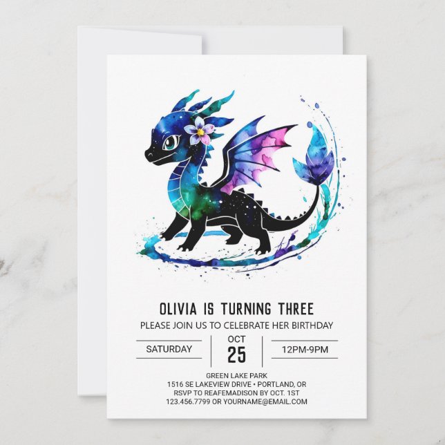 Editable Purple Dragon Digital Girl Birthday Einladung (Vorderseite)