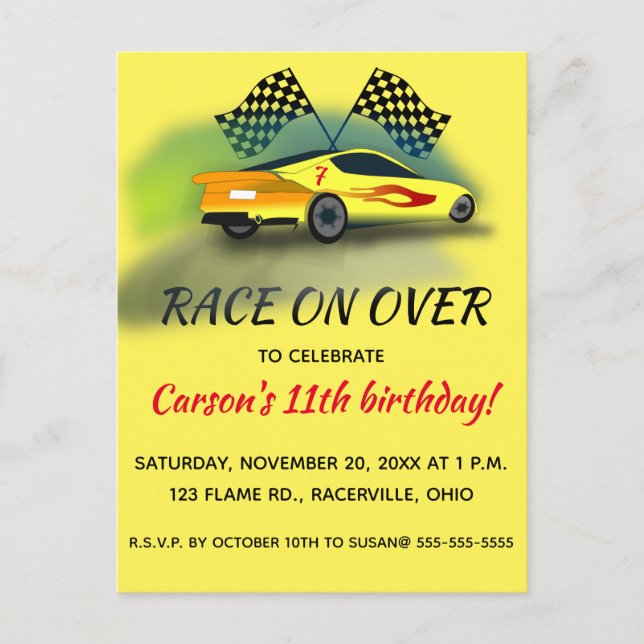 Editable Racing Car Birthday Party Einladungspostkarte (Vorderseite)