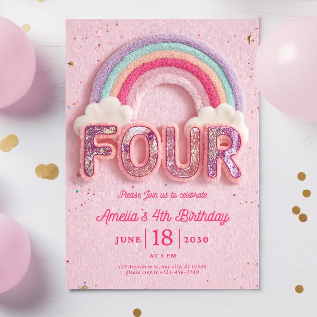 Editable Rainbow Fourth Birthday Invitation, Pink  Einladung (Von Creator hochgeladen)