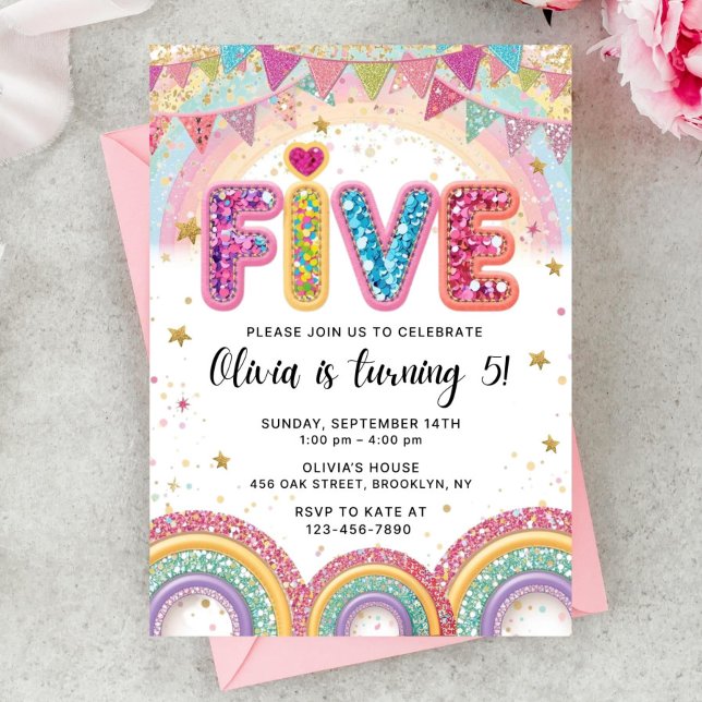 Editable Rainbow Sequin 5th Birthday Invitation Einladung (Von Creator hochgeladen)
