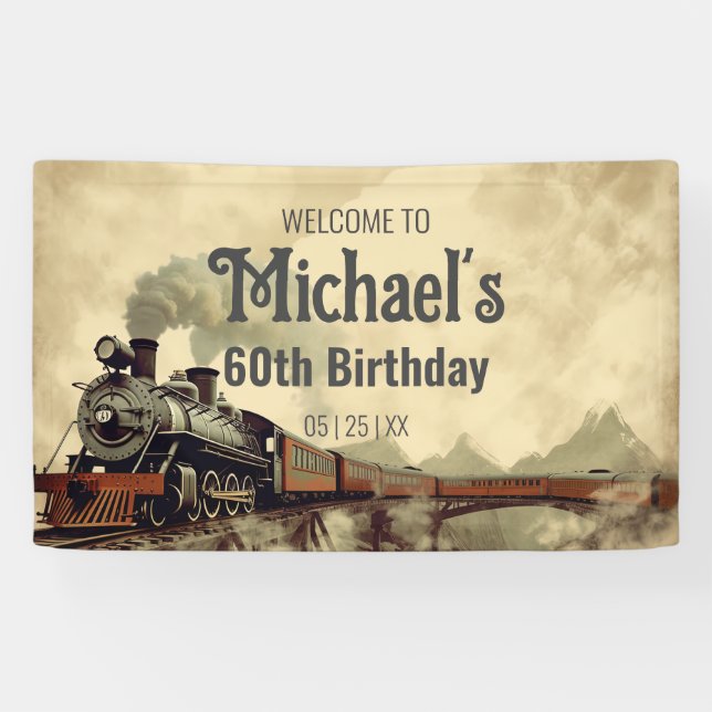 Editable Rauchbrücke Vintage Dampfbahn zum Geburts Banner (Horizontal)