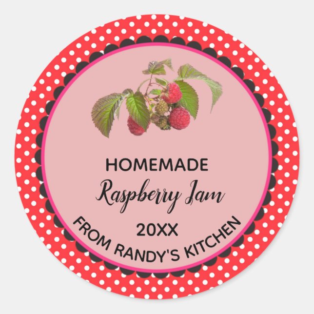 Editable Red Polka Dot Raspberry Jam Label Runder Aufkleber (Vorderseite)
