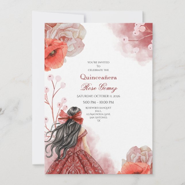 Editable Red Watercolor Quinceañera Einladung (Vorderseite)