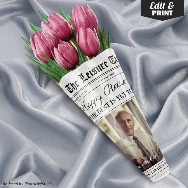 Editable Retirement Newspaper Blume Bouquet Geschenkpapier Set (Editable Retirement Newspaper Flower Bouquet Wrapping Paper Sheets)