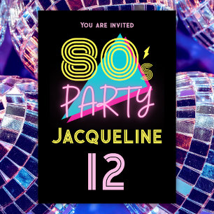 Editable Retro 80er Party Neon Pink 12. Geburtstag Einladung