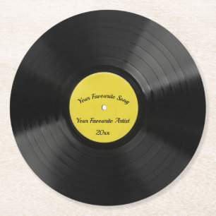 Editable Retro Vinylaufzeichnung mit gelber Mitte Runder Pappuntersetzer