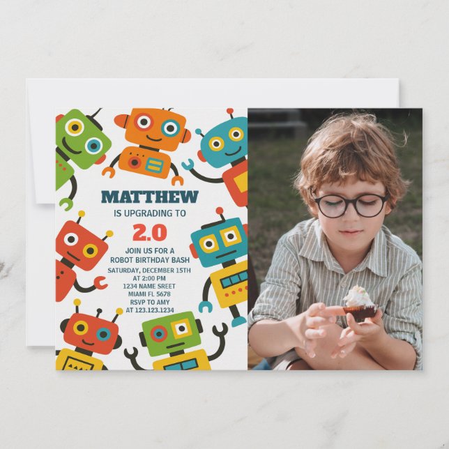 Editable Robot Birthday Einladung mit Foto (Vorderseite)