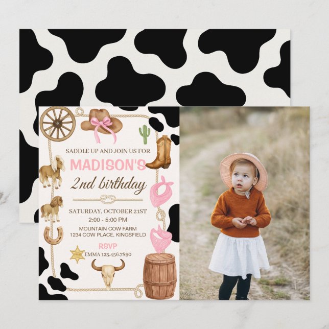 Editable Rodeo Cowgirl Birthday Foto Einladung (Vorne/Hinten)