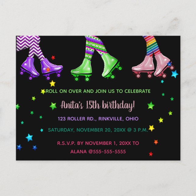 Editable Roller Skaten Birthday Party Einladungspostkarte (Vorderseite)