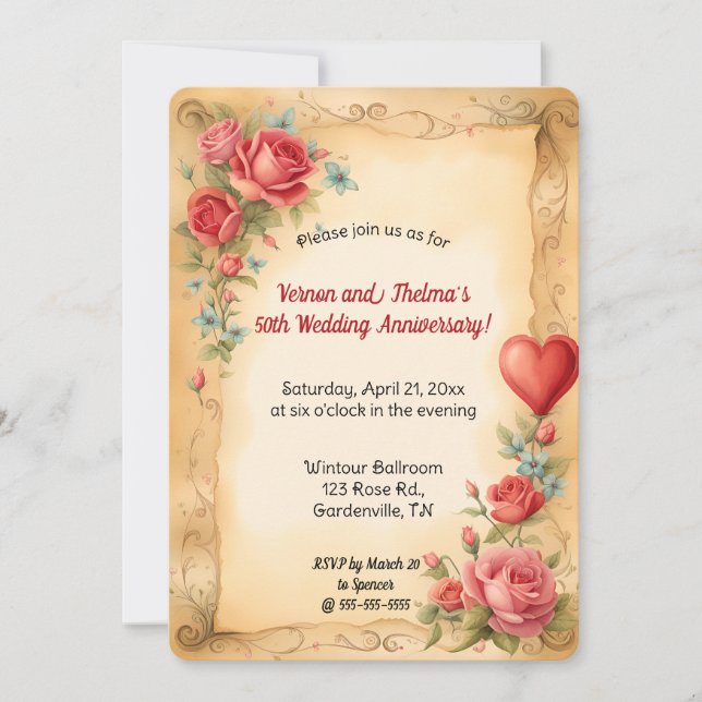 Editable Romantische Rose und Rotes Herz Einladung (Vorderseite)