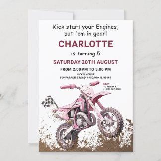 Editable rosa Dirt Bike Einladung Geburtstag