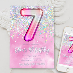 Editable rose 7e anniversaire Invitation Modèle Gl