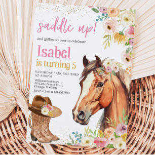 Editable Saddle Up Pink Horse CowGirl Birthday Inv Einladung