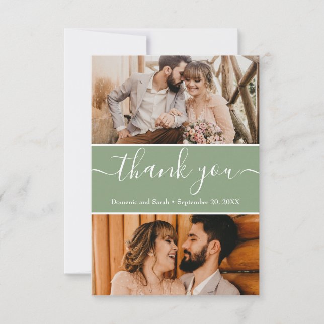 Editable Sage Green Wedding Fotos Vielen Dank Dankeskarte (Vorderseite)
