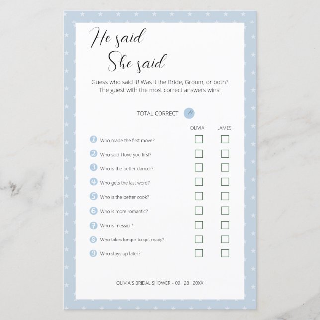 Editable sagte er, sie sagte Polterabend Game. (Vorderseite)