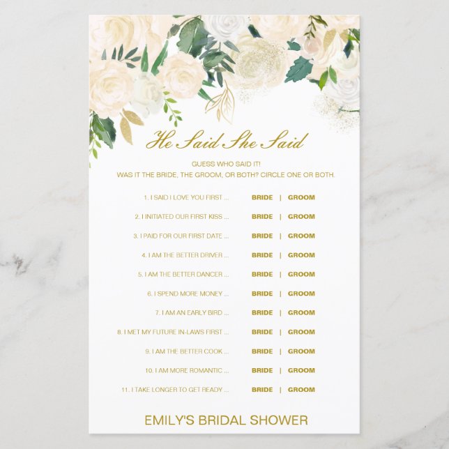 Editable sagte, sie sagte Polterabend Game (Vorderseite)