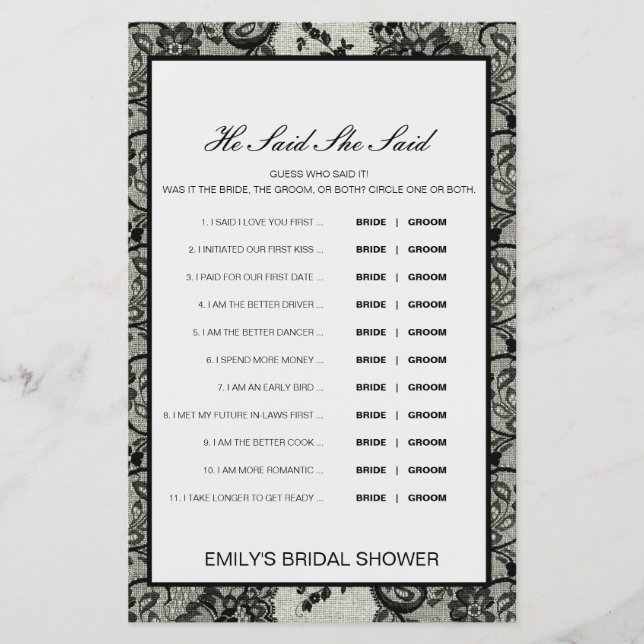 Editable sagte, sie sagte Polterabend Game (Vorderseite)