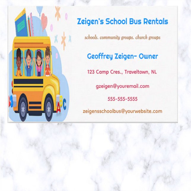 Editable School Bus Rentals Business Card Visitenkarte (Von Creator hochgeladen)