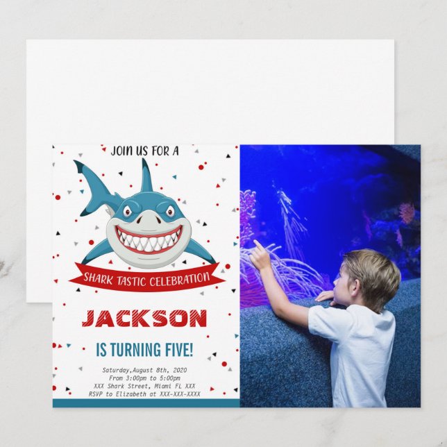 Editable Shark Birthday Foto Einladung (Vorne/Hinten)