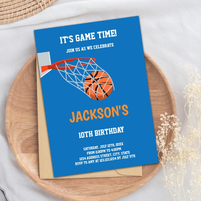 Editable Slam Dunk Sports Party laden ein Einladung (Blue Orange Basketball Birthday Invitations)