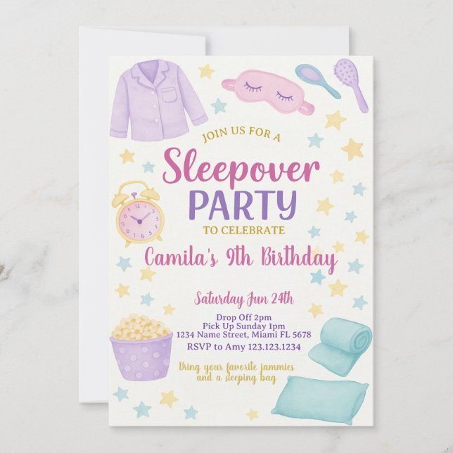 Editable Sleepover Geburtstagsparty Einladung (Vorderseite)