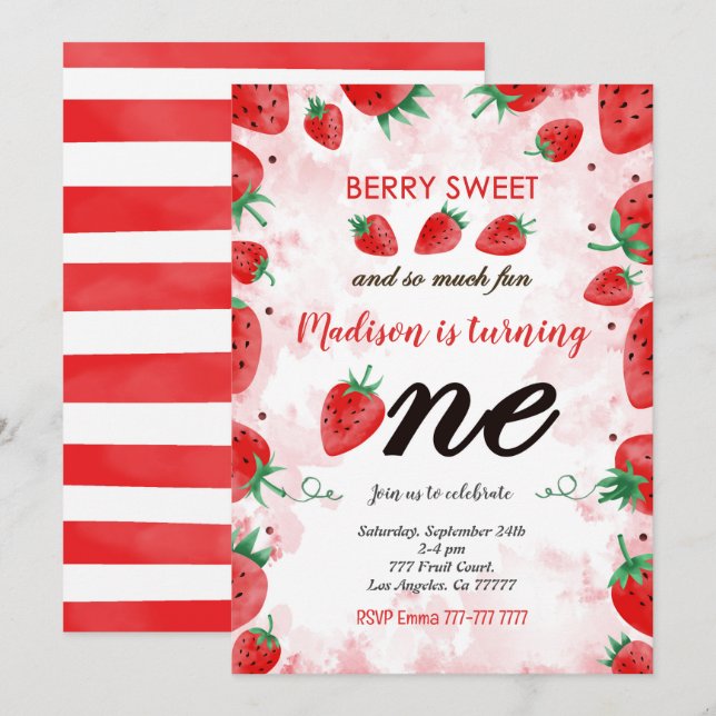 Editable Strawberry Birthday Einladung (Vorne/Hinten)